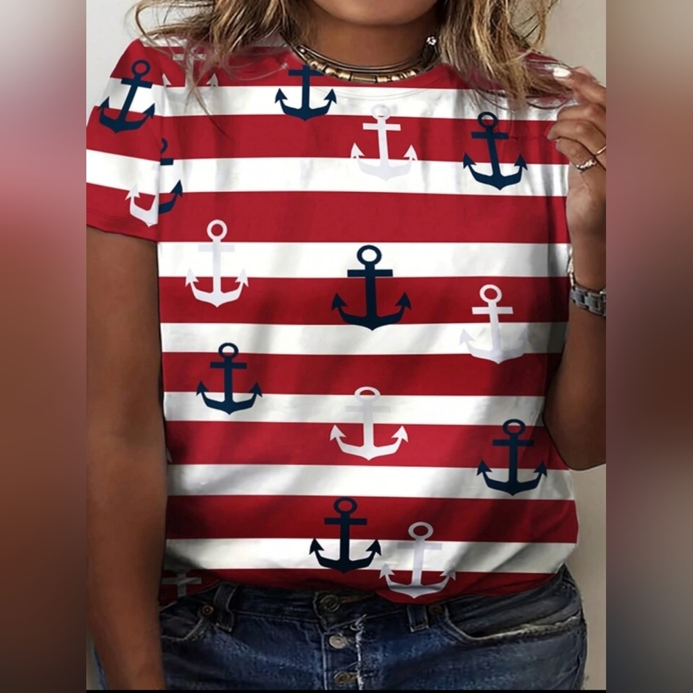 SHEIN Red and White Striped Anchor Tee